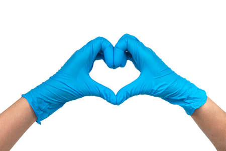 Blue nitrile medical gloves heart on hands isolated on the white