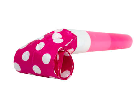 Colored noisemaker party whistle horn on the white isolated backgroundの写真素材