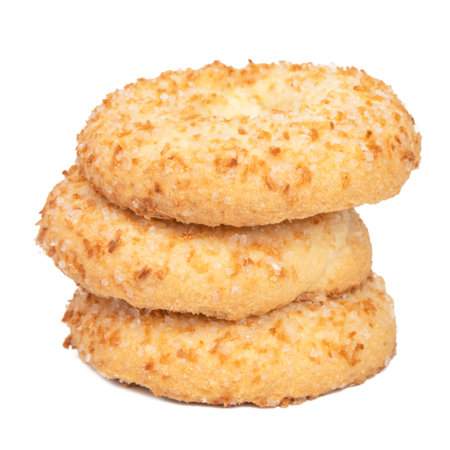 Tasty circle short pastry cookies isolated on white backgroundの写真素材