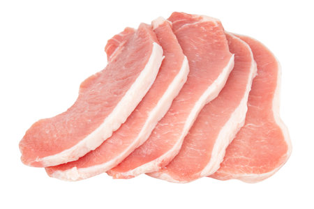 Fresh sliced raw pork meat isolated on white background. top view. flat layの写真素材