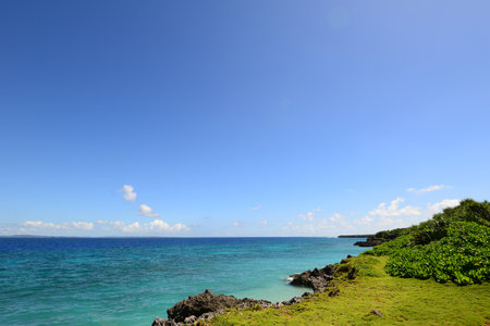 Beautiful beach in Okinawa, Japan. Seascape with blue sky.の写真素材