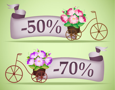 Vintage garden sale. Bicycle with the pot full of pink flowers.のイラスト素材