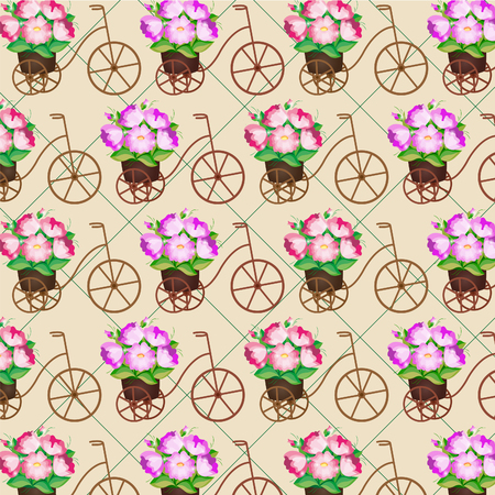 Bicycle with the pot full of pink flowers patternのイラスト素材