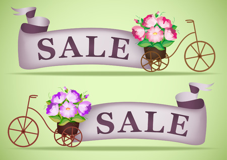 Vintage garden sale. Bicycle with the pot full of pink flowers.のイラスト素材