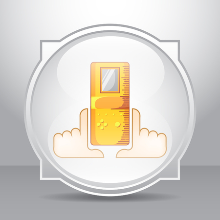 Glossy round button icon with vintage digital game and hands on gray background for games or appsのイラスト素材