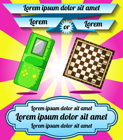 Chess board and retro digital game with decorative frame for text on colorful backgroundのイラスト素材