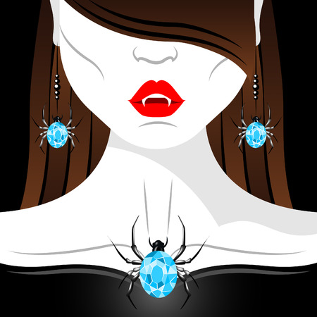 Vampire girl with red lips, fangs and diamond spider jewelry set. Jewelry set presentation. Halloween vampire.のイラスト素材
