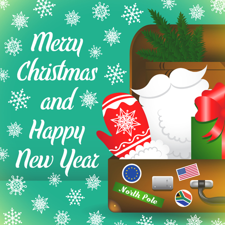 Merry Christmas card with snowflakes. Santa Claus travel suitcase. Santa Claus elements. Christmas decoration set.のイラスト素材
