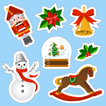 Christmas stickers set. Christmas and new year holidays stickers collection in cartoon style.のイラスト素材