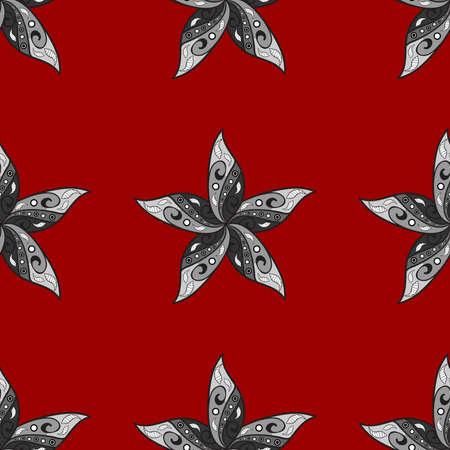 Gray doodles petals flower on dark red background.の写真素材