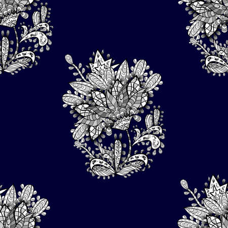seamless pattern with white floral doodles elements. Raster illustration.の写真素材