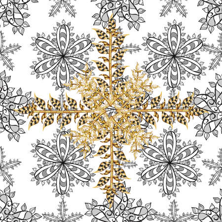 seamless pattern with vintage elements on colorful background. White and golden colors. Floral. Flowers. Doodles. Raster illustration.の写真素材