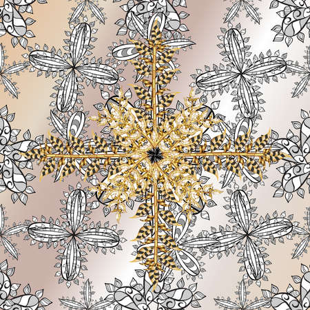seamless pattern with vintage elements on colorful background. White and golden colors. Floral. Flowers. Doodles. Raster illustration.の写真素材