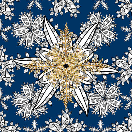 seamless pattern with vintage elements on colorful background. White and golden colors. Floral. Flowers. Doodles. Raster illustration.の写真素材