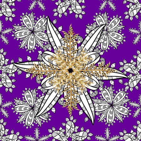 seamless pattern with vintage elements on colorful background. White and golden colors. Floral. Flowers. Doodles. Raster illustration.の写真素材