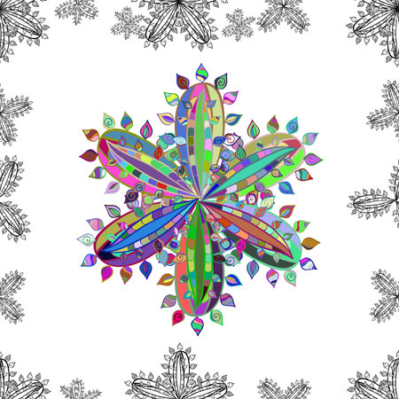 Seamless colorful flowers pattern on white background. Doodles petals flowers. Frame pattern. Light.の写真素材