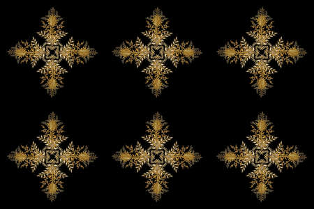 Snowflake with golden leaves vintage elements on colorful background. Branch. New Year simbol. Christmas. Vintage. Pano picture. Christmas doodle pattern with snowflakes.の写真素材