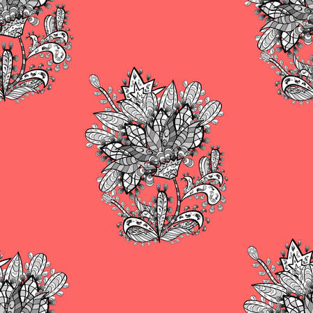 seamless pattern with white doodles flowers on colorful background. Raster.の写真素材