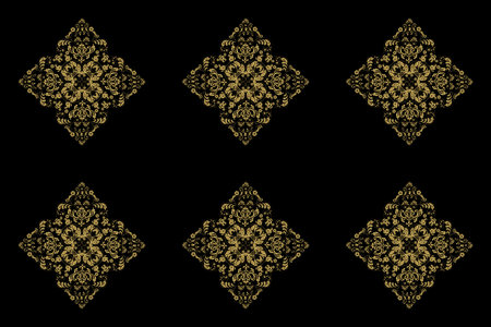 seamless raster pano on black background with golden elementsの写真素材
