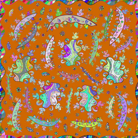 Seamless pattern with interesting doodles on colorful background. Raster illustration.の写真素材