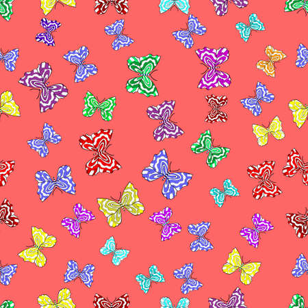 Seamless pattern with interesting doodles on colorfil background. Vector illustration. Butterflies.の写真素材