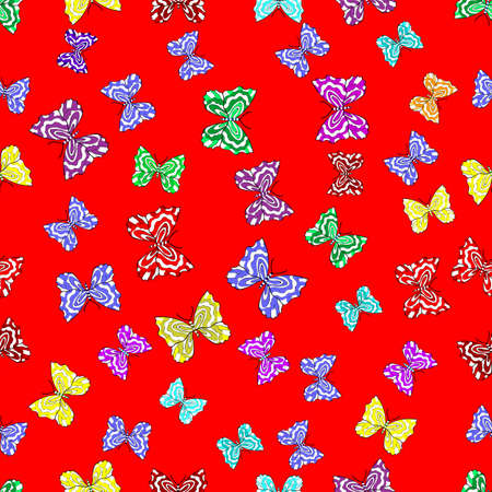 Seamless pattern with interesting doodles on colorfil background. Vector illustration. Butterflies.の写真素材