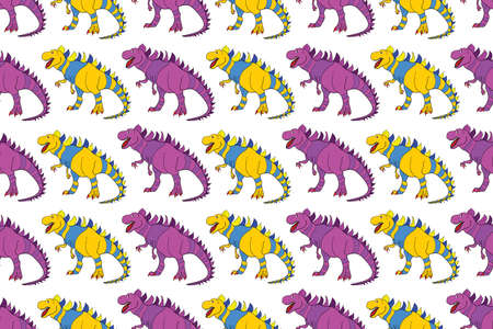 Geometric seamless pattern with dinosaurs. Colored lizard-like dinosaurs for packaging or clothing. Saurischian dinosaurs.の写真素材