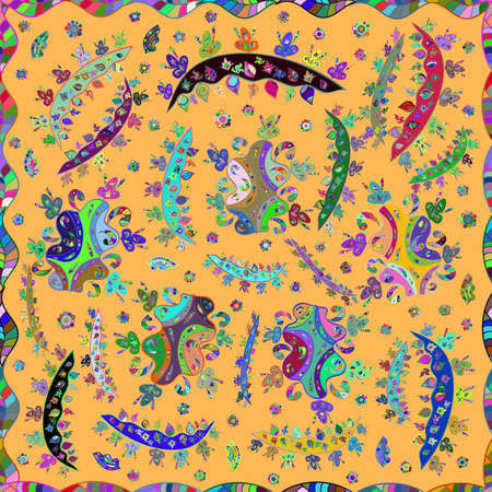 Seamless pattern with interesting doodles on colorfil background. Raster illustration.の写真素材