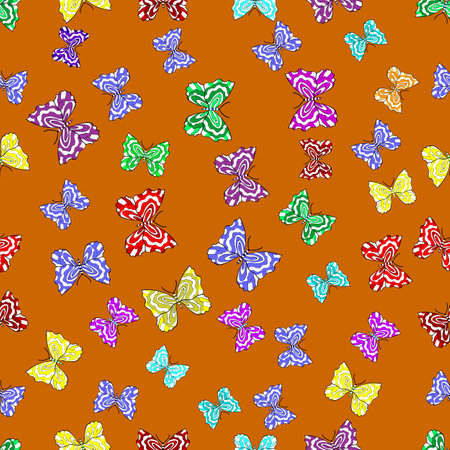Seamless pattern with interesting doodles on colorfil background. Vector illustration. Butterflies.の写真素材