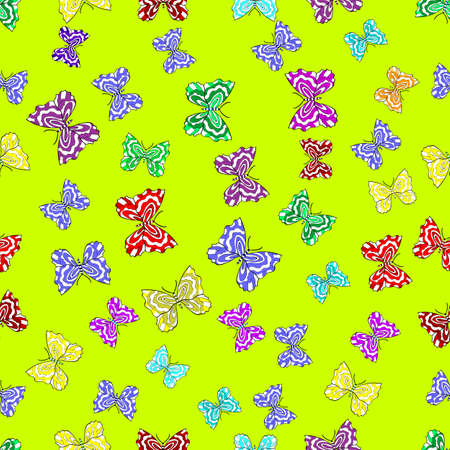 Seamless pattern with interesting doodles on colorfil background. Vector illustration. Butterflies.の写真素材