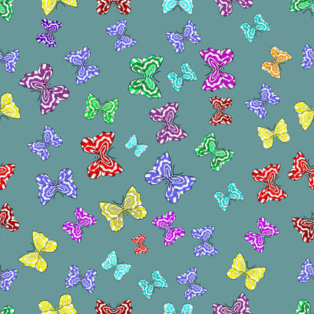 Seamless pattern with interesting doodles on colorfil background. Vector illustration. Butterflies.の写真素材