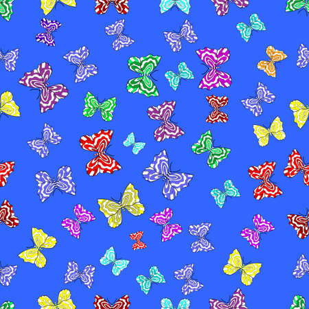 Seamless pattern with interesting doodles on colorfil background. Vector illustration. Butterflies.の写真素材