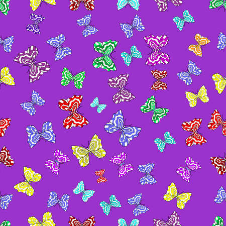 Seamless pattern with interesting doodles on colorfil background. Raster illustration. Butterflies.の写真素材