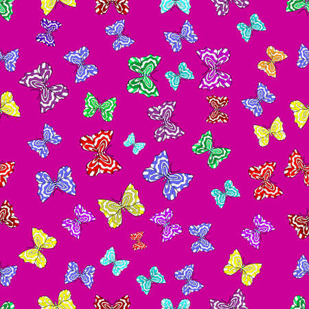 Seamless pattern with interesting doodles on colorfil background. Raster illustration. Butterflies.の写真素材