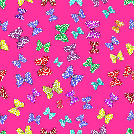 Seamless pattern with interesting doodles on colorfil background. Vector illustration. Butterflies.の写真素材