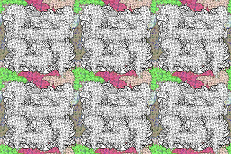 Seamless pattern with interesting doodles on colorfil background. Pano. Raster illustration.の写真素材