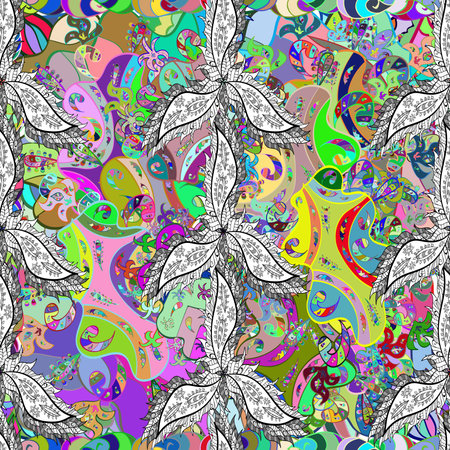Seamless pattern with interesting doodles on colorfil background. Raster illustration.の写真素材