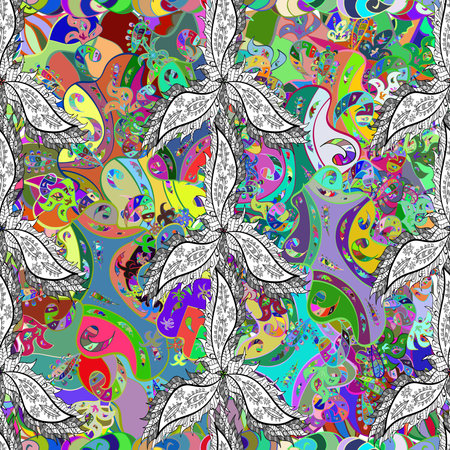 Seamless pattern with interesting doodles on colorfil background. Raster illustration.の写真素材