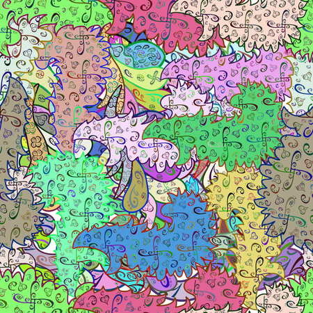 Seamless pattern with interesting doodles on colorfil background. Raster illustration.の写真素材