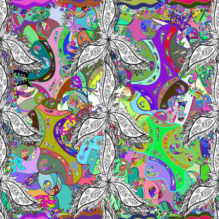 Seamless pattern with interesting doodles on colorfil background. Raster illustration.の写真素材