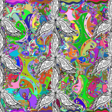 Seamless pattern with interesting doodles on colorfil background. Raster illustration.の写真素材