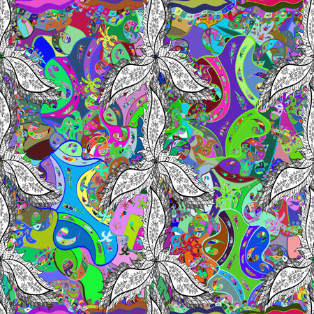Seamless pattern with interesting doodles on colorfil background. Raster illustration.の写真素材