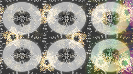Raster illustration. Decorative christmas background with bokeh gray, neutral and beiges and snowflakes.の写真素材