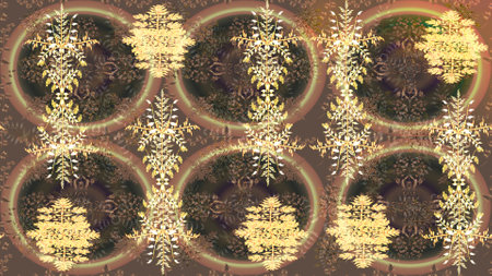 Snowflakes design. Trendy stylized snowflakes and elements Memphis cards. Retro style texture, pattern winter elements. Modern design poster, cover, card design in brown, beige and yellow colors.の写真素材