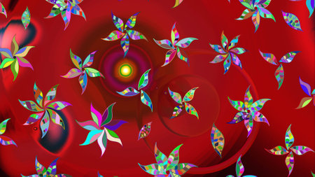 Abstract flower sketch pattern background. On red, green and blue colors. Cute Floral pattern in the small flower. Raster illustration. Raster pattern.の写真素材