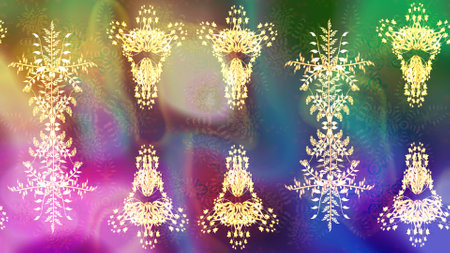 Raster illustration. Golden colors with snowflakes. Isolated cute snowflakes on colorful background.の写真素材