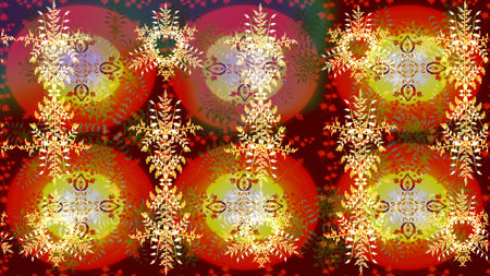 Raster floral pattern in doodle style with flowers. Flowers on red, brown and yellow colors. Gentle, cute floral background.の写真素材