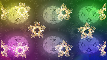 A green, neutral and purple colors with snowflakes. Raster christmas abstract colorful background with cute snowflake. Raster illustration.の写真素材