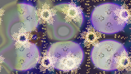 Round raster snowflake. Isolated cute snowflakes on colorful background. Abstract winter neutral, gray and violet ornament. Fine snowflake. Raster illustration.の写真素材