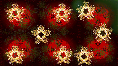 Symbol of winter, Merry Christmas holiday, Happy New Year celebration Raster illustration. Abstract wallpaper, wrapping decoration. Snowflake simple. Cute snowflake on brown, black and red colors.の写真素材